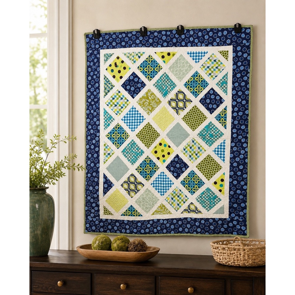 Handmade‎ Reversible Patchwork Quilt 42x36 Blue Green Geometric Modern Decor